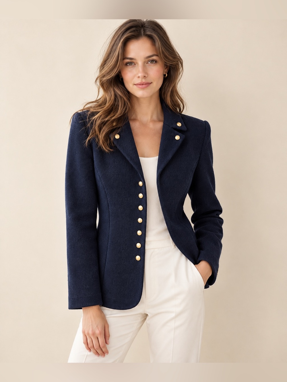 St. John Collection Navy Knit Sweater Blazer Gold Buttons Shoulder Pads Cosstal